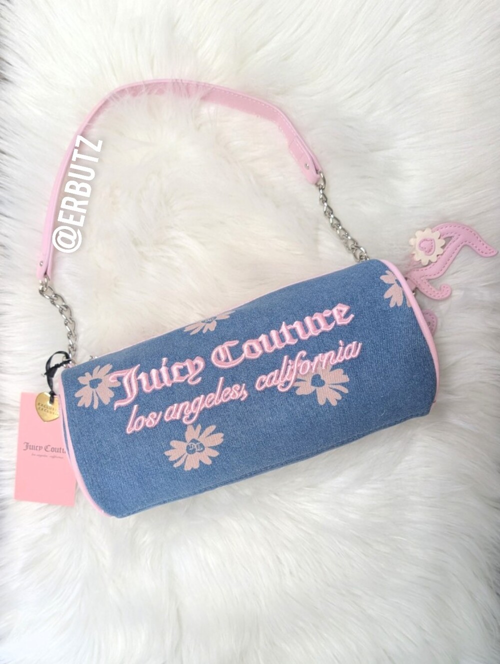 Juicy Couture Denim Pink Daisy Barrell Bag with JC Charm & Butterfly Detail 🦋 - Picture 2 of 16
